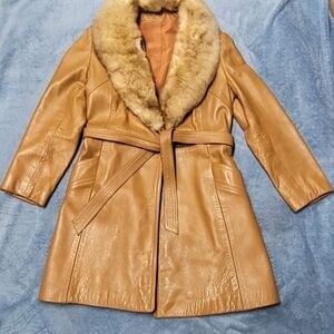 Source Unknown Camel Leather Jacket with Faux Fur Trim